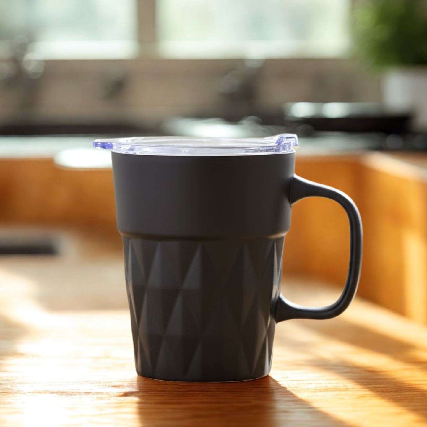 Clay Craft Jewel Diamond Pebble Black Ceramic Mug with Acrylic Lid – 350 ml, Perfect for Tea, Coffee & Milk