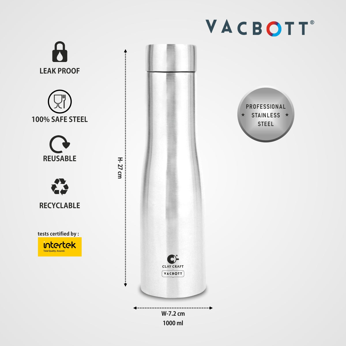 Vacbott Petra Single Walled Non Insulated Water Bottle, 1000 ml