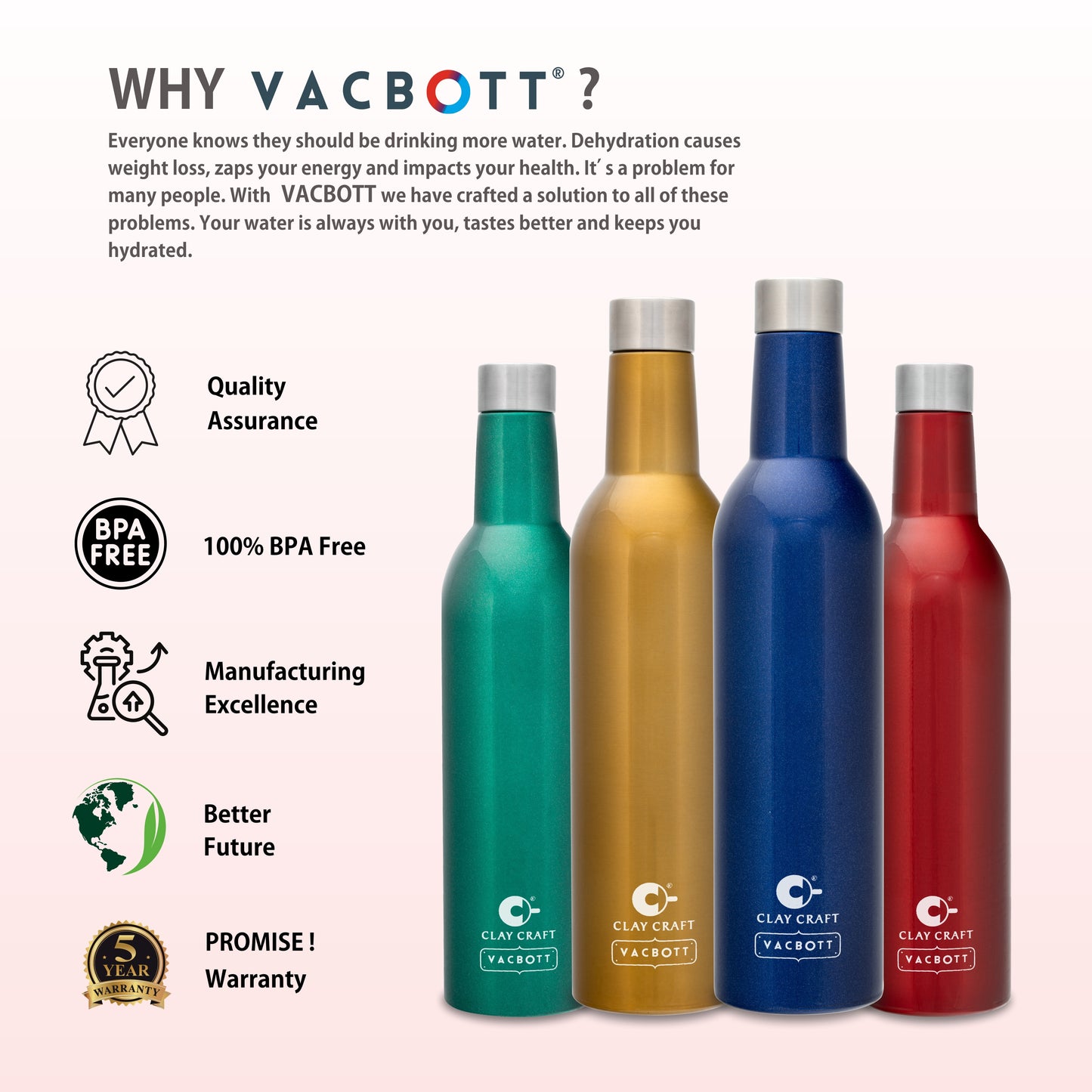 Vacbott Vaccum Bottle, Ivy Wine Double Walled 24 Hours Hot and Cold Water Bottle