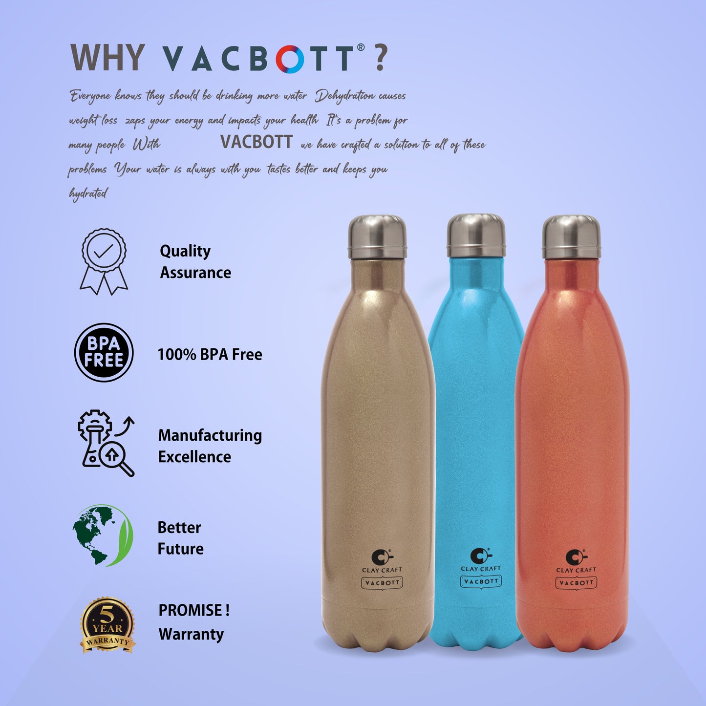 Vacbott Vaccum Bottle, Stark Sparkle Double Walled 24 Hours Hot and Cold Water Bottle