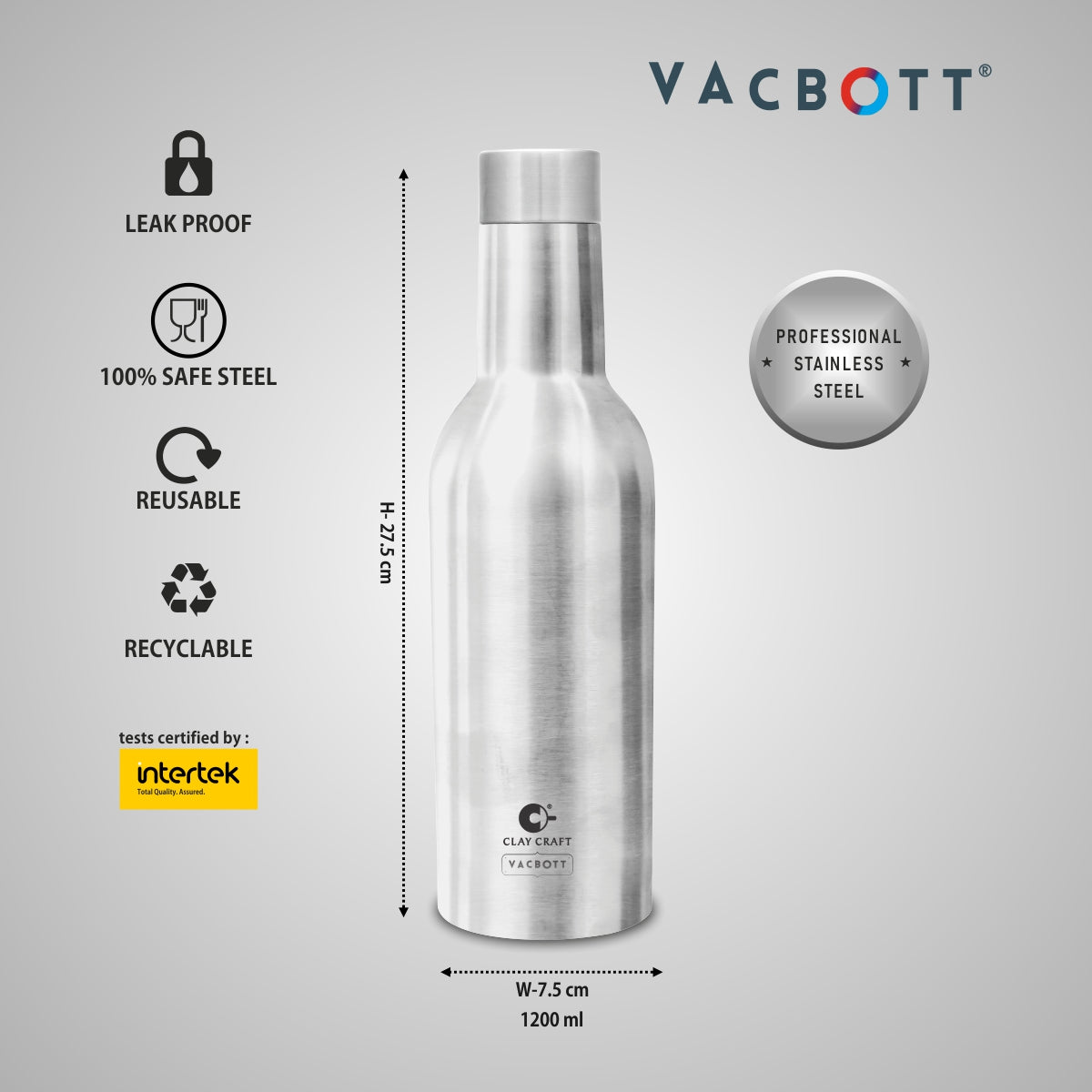 Vacbott Vino Single Walled Non Insulated Water Bottle, 1200 ml