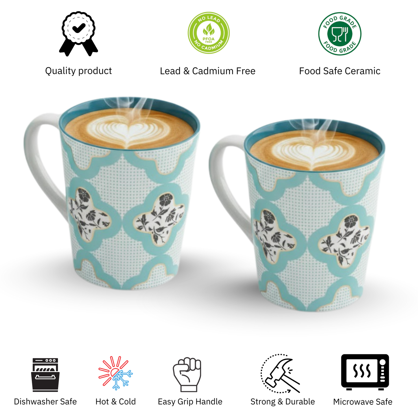 Clay Craft Lucas Pebble Teal Green Porcelain Mug Set of 2, 350 ml Perfect for Tea, Coffee & Milk