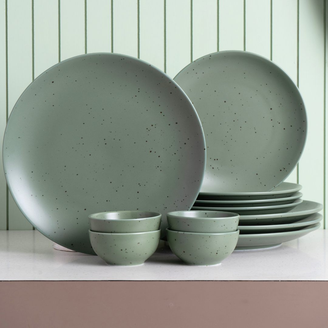 JCPL Grains Green Porcelain Dinner Set, 12-Piece, For Family of 4