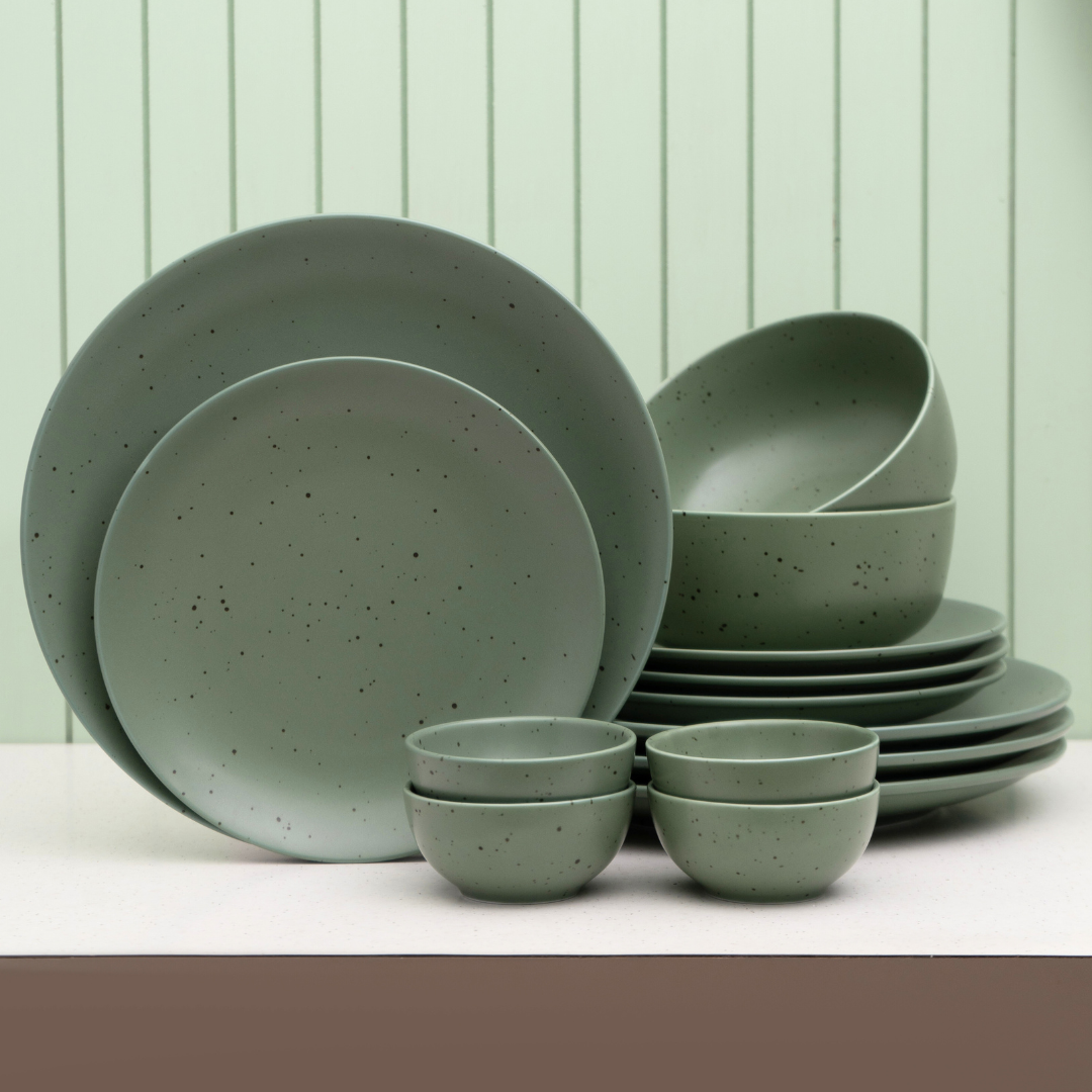 JCPL Grains Green Porcelain Dinner Set, 14-Piece, For Family of 4