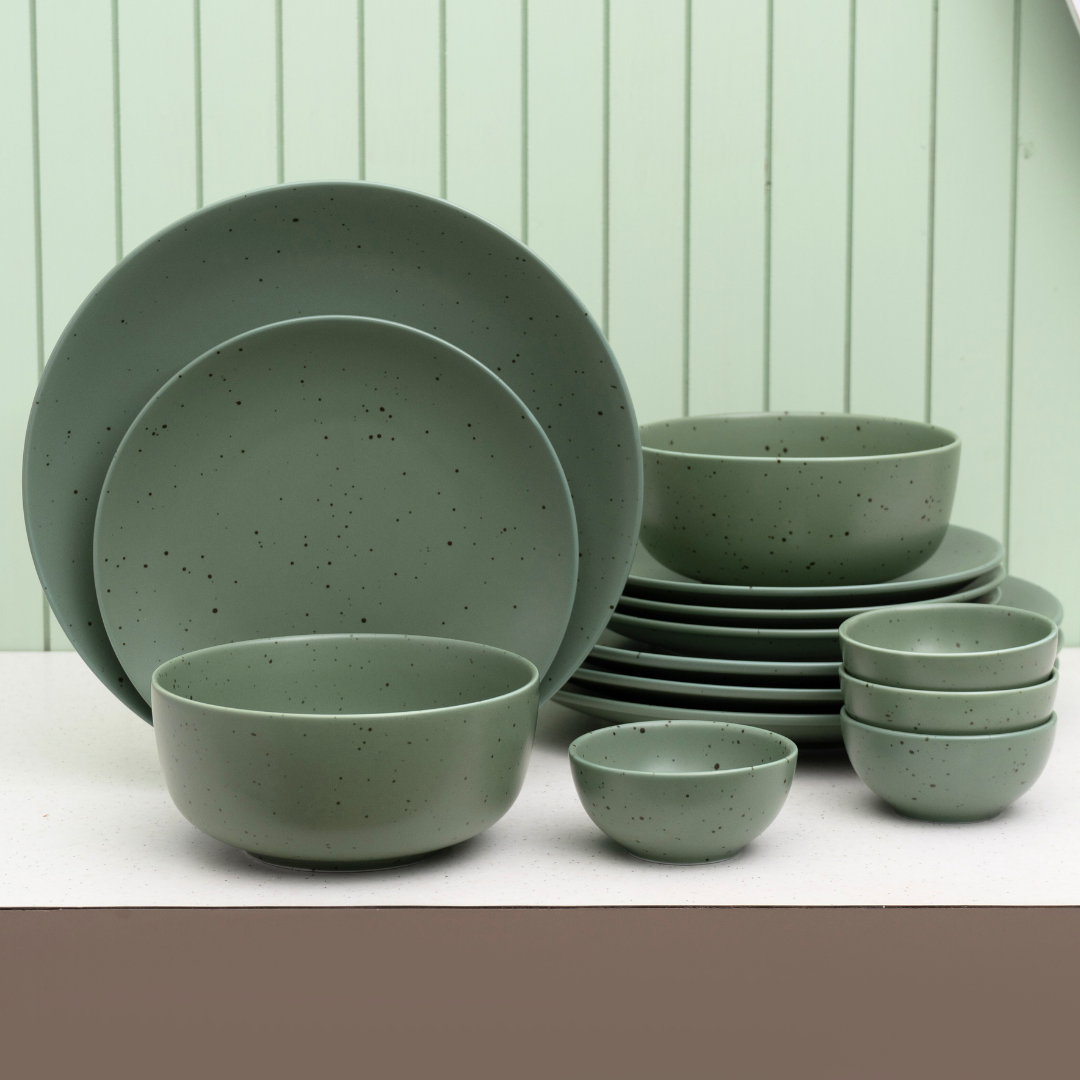 Grains Green Porcelain Dinner Set- 14 piece, For Family of 4