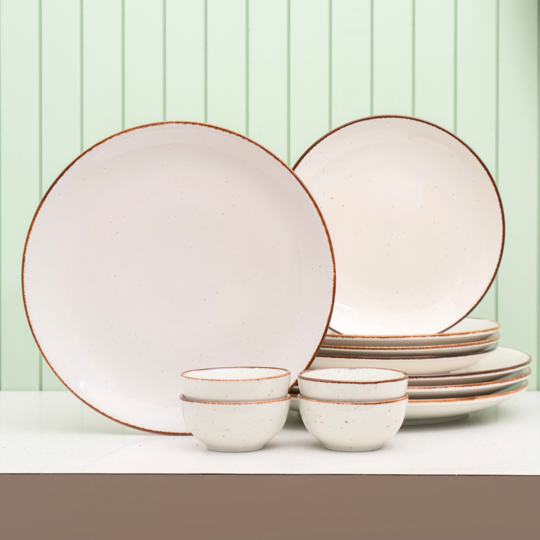 Grains Ivory Porcelain Dinner Set- 12 piece, For Family of