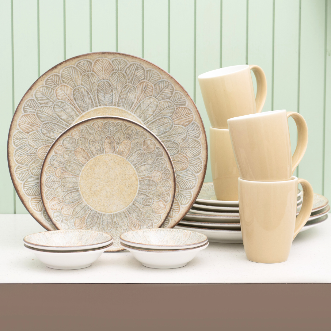 Textures Aroma Porcelain Dinner Set- 16 pieces, For Family of 4