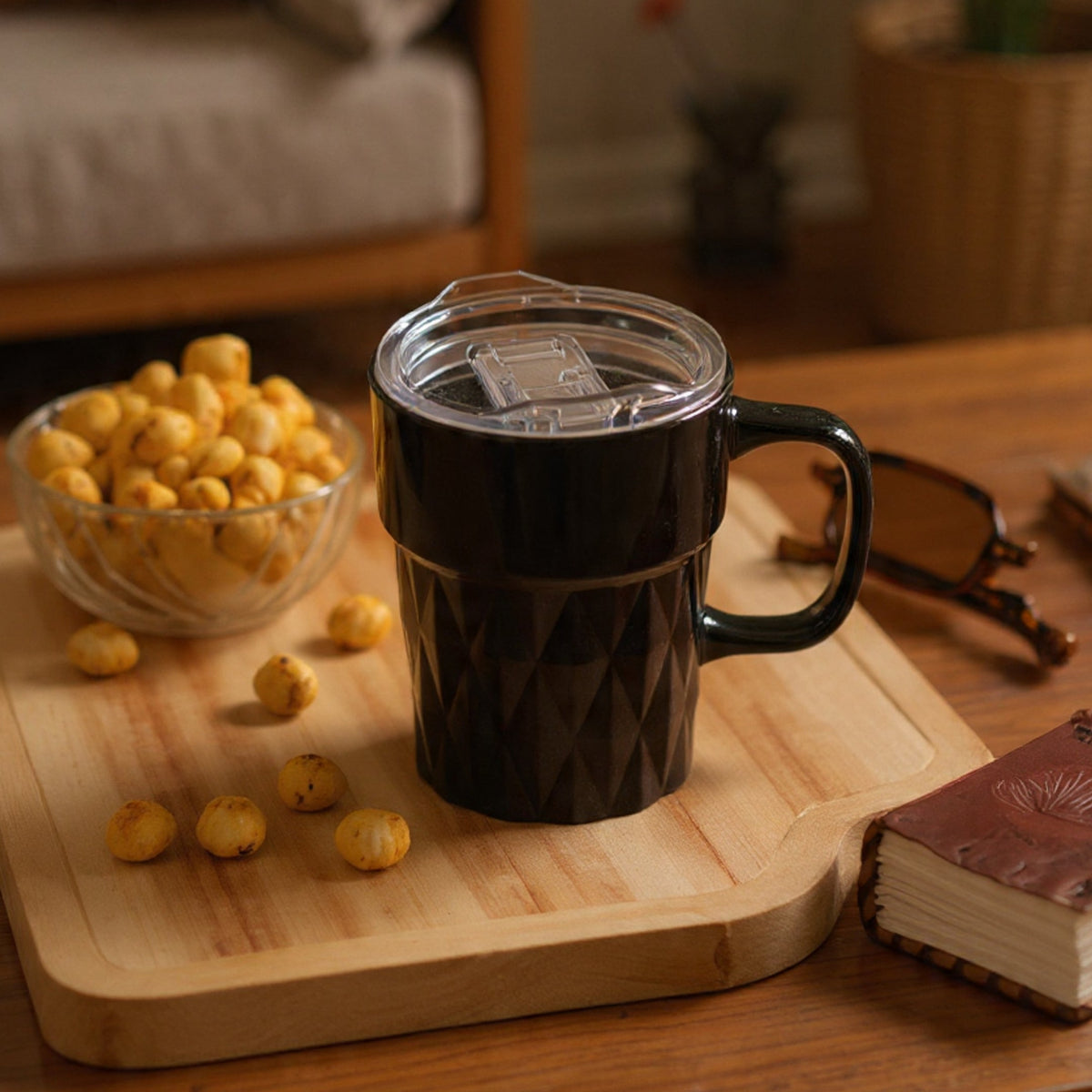 Clay Craft Jewel Diamond Pebble Porcelain Mug with Acrylic Lid, Black, 350ml