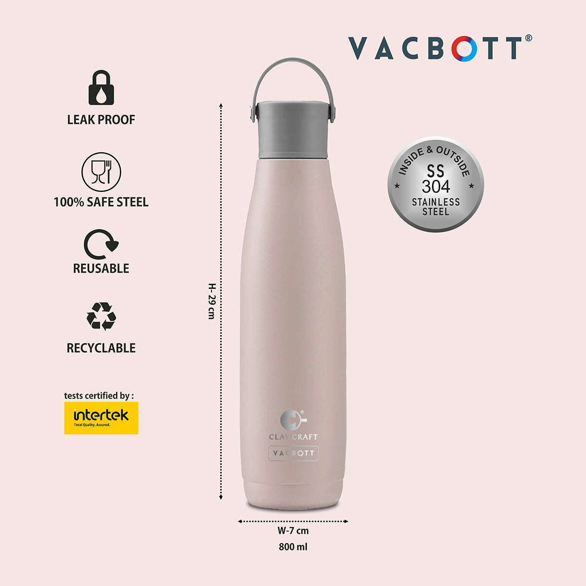 Vacbott Vaccum Bottle, Fresco Double Walled 24 Hours Hot and Cold Water Bottle, 800ml