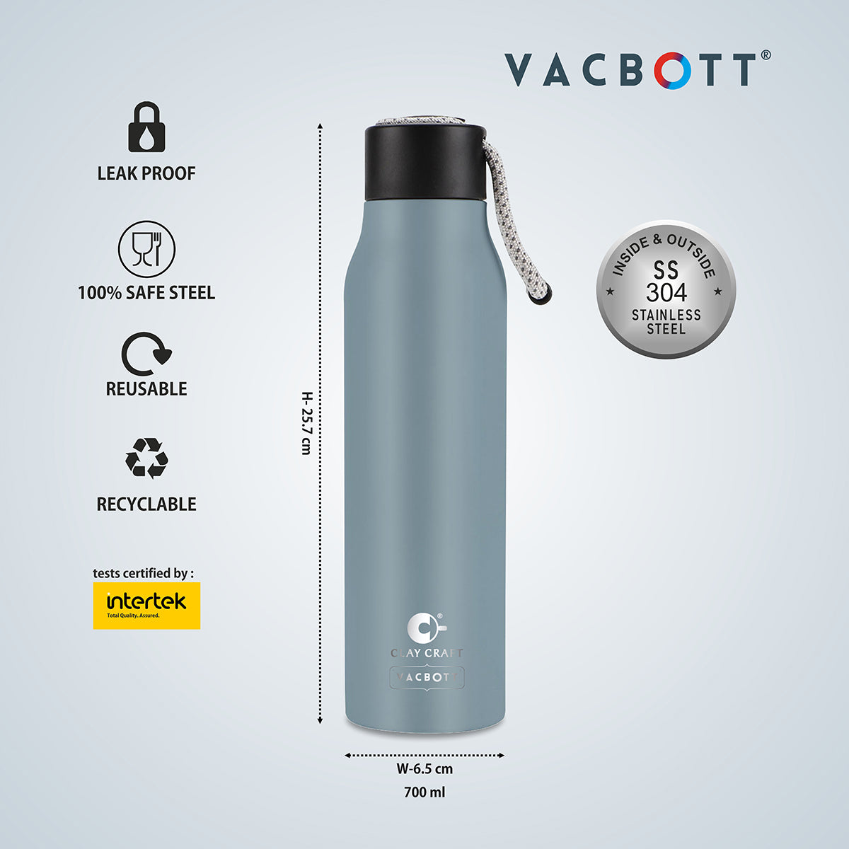 Vacbott Vaccum Bottle, Kitkat Double Walled 24 Hours Hot and Cold Water Bottle, 700ml