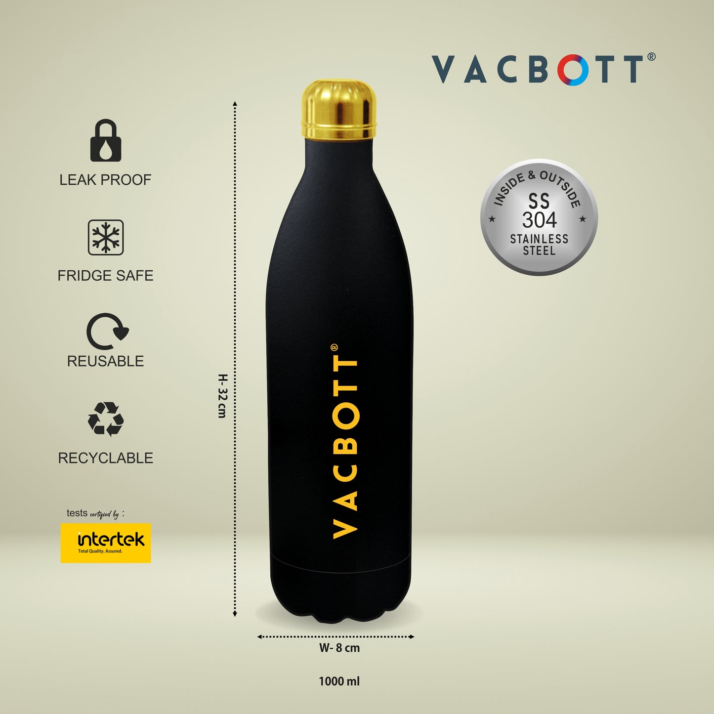 Vacbott Vaccum Bottle, Stark Double Walled 24 Hours Hot and Cold Water Bottle, Black Velvet