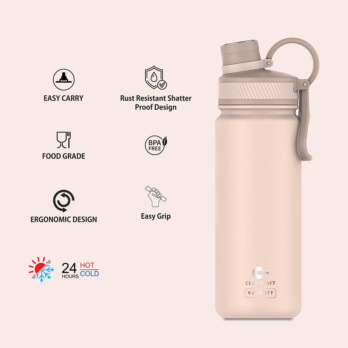 Vacbott Vaccum Bottle, Zing Double Walled 24 Hours Hot and Cold Water Bottle, 780ml