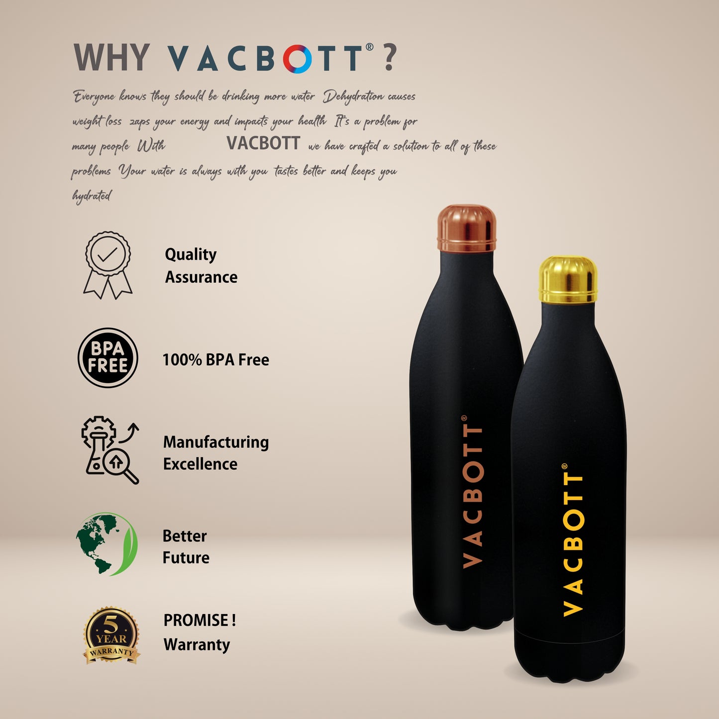 Vacbott Vaccum Bottle, Stark Double Walled 24 Hours Hot and Cold Water Bottle, Black Velvet