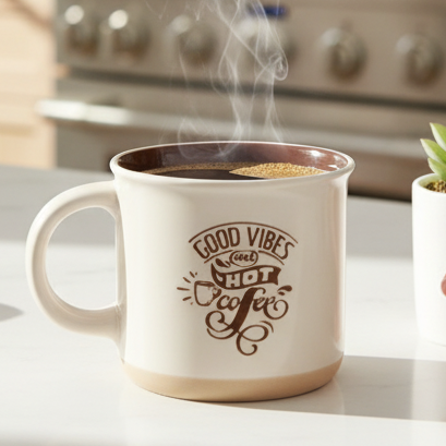Cup of coffee with steam, croissant, and small plant on a kitchen counter.