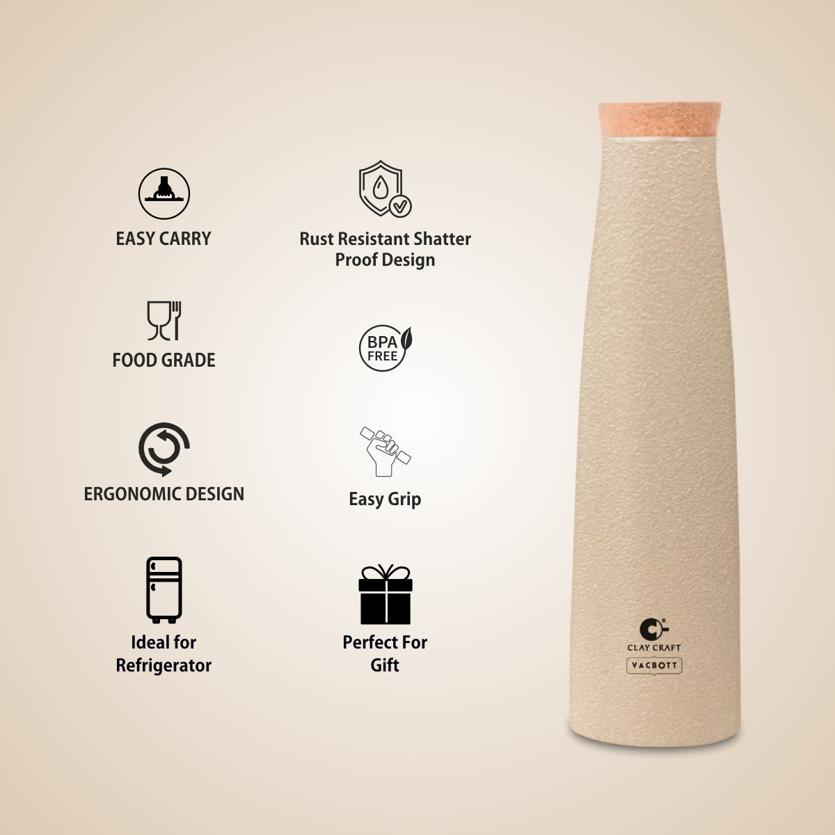 Vacbott Chariott Single Walled Non Insulated Water Bottle, 900ml, with Cork Stopper