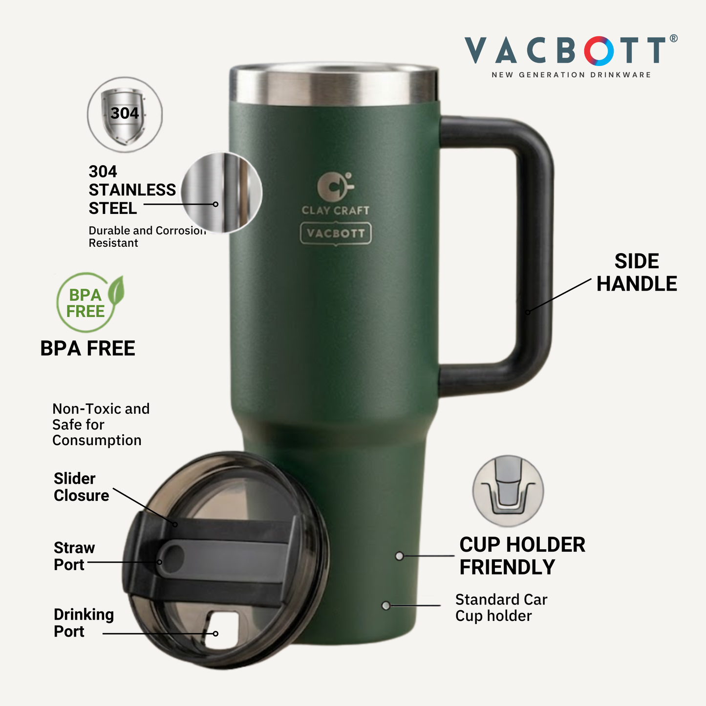 Vacbott Vacuum EverSip® Chrome Tumbler 900 ml for Adults for Office & Gym