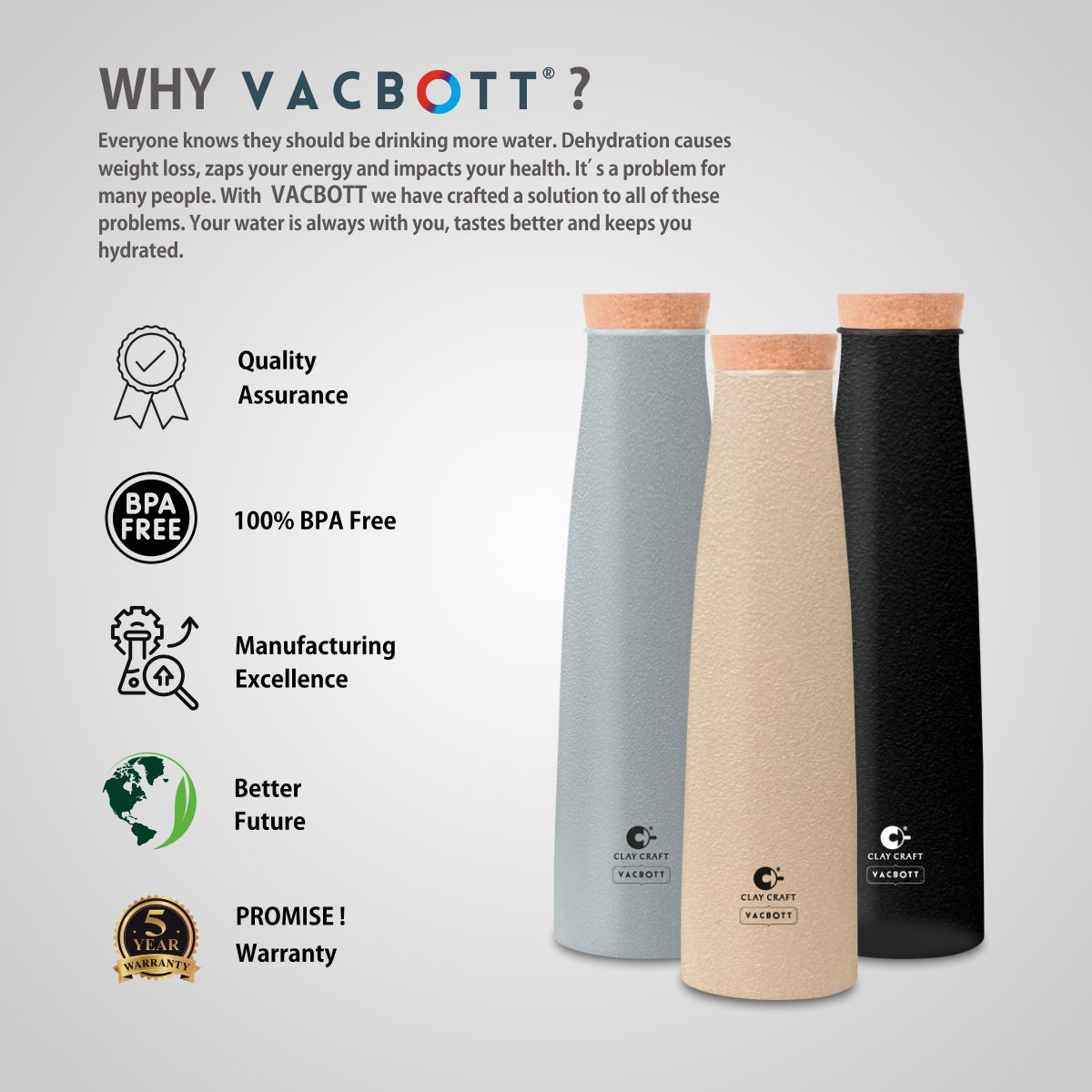 Vacbott Chariott Single Walled Non Insulated Water Bottle, 900ml, with Cork Stopper