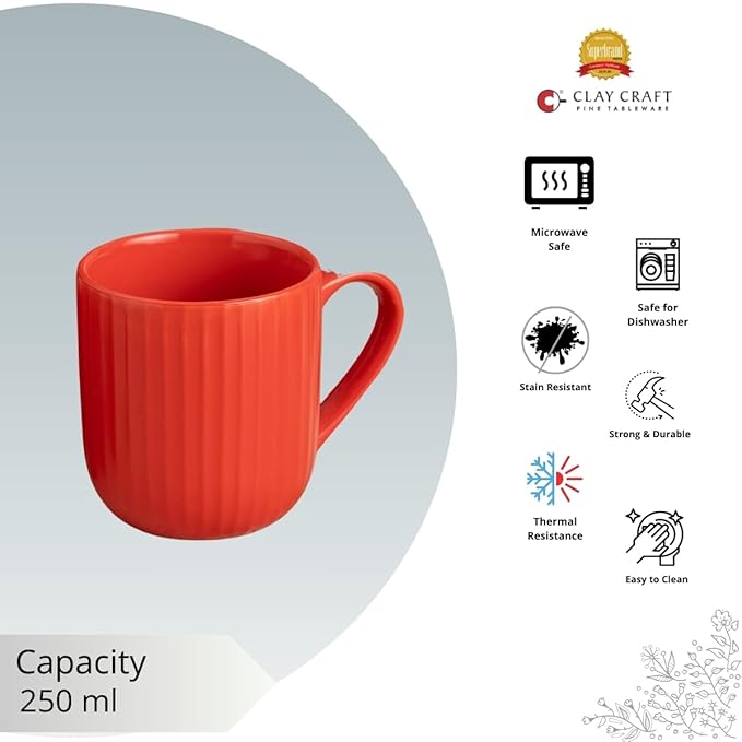 Linea Pebble Red Coffee & Tea Mugs Set of 6, 250 ml