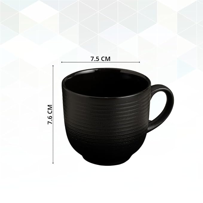 Horizon Pebble Black Cup & Saucer, Set of 12 (6 Cups + 6 Saucers), 220 ml