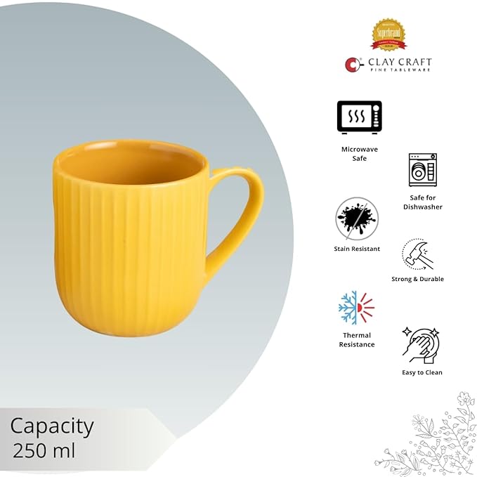 Linea Pebble Mustard Coffee & Tea Mugs Set of 6, 250 ml