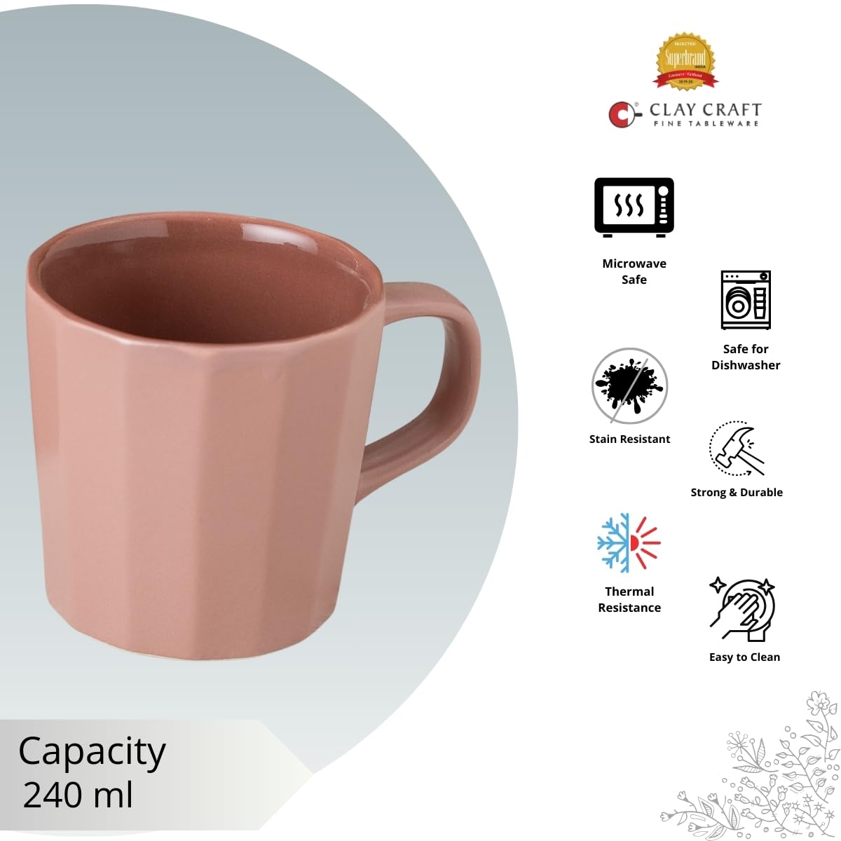 Clay Craft Armada Lilac Pebble Dual Tone Coffee & Tea Mugs Set of 6, 240 ml