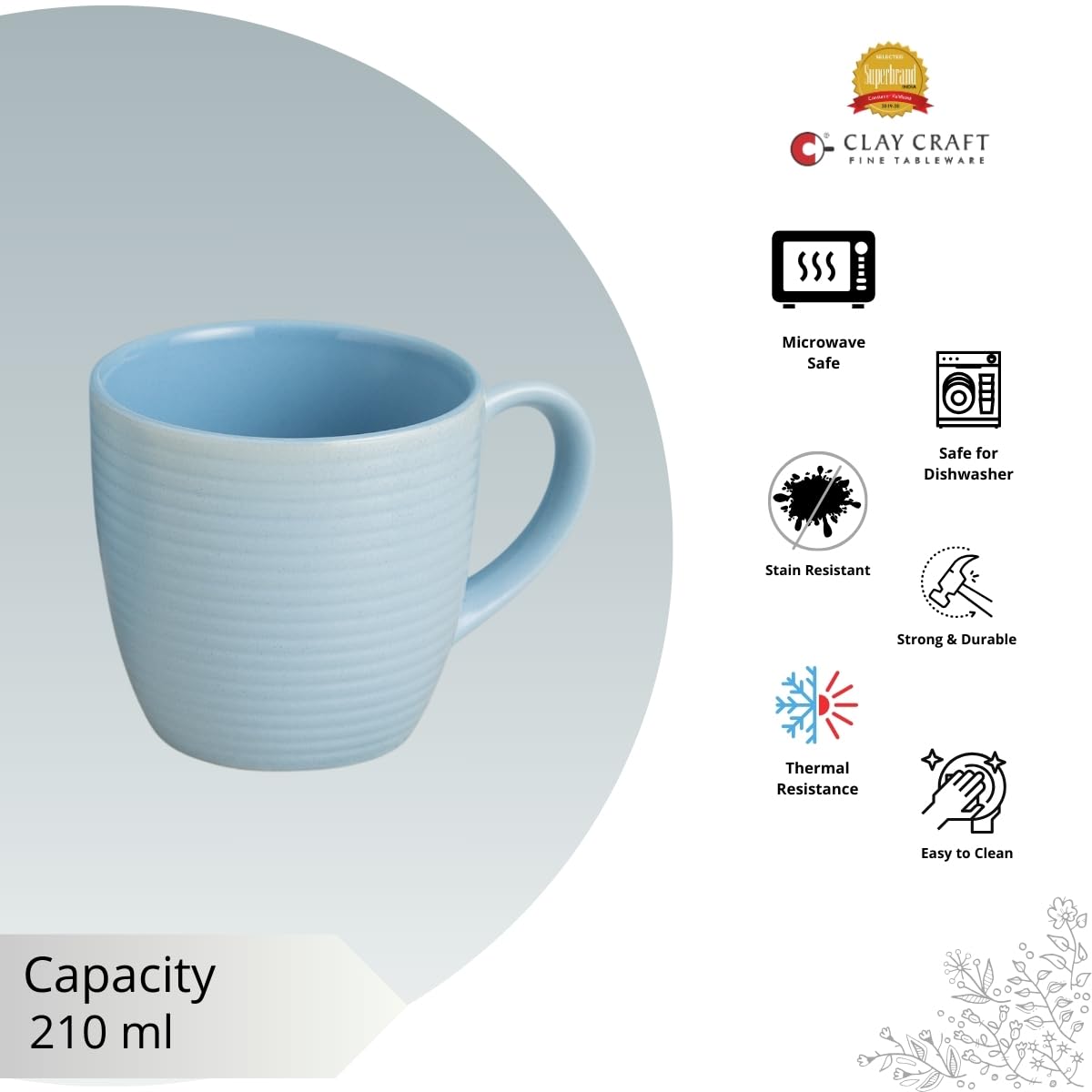 Horizon Pebble Light Blue Coffee & Tea Mugs Set of 6, 210 ml