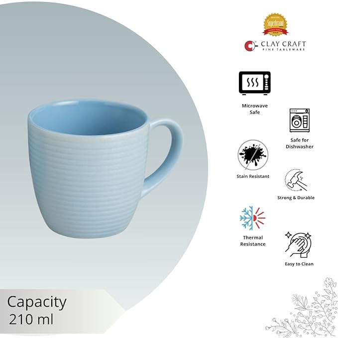 Horizon Pebble Light Blue Cup & Saucer, Set of 12 (6 Cups + 6 Saucers), 220 ml