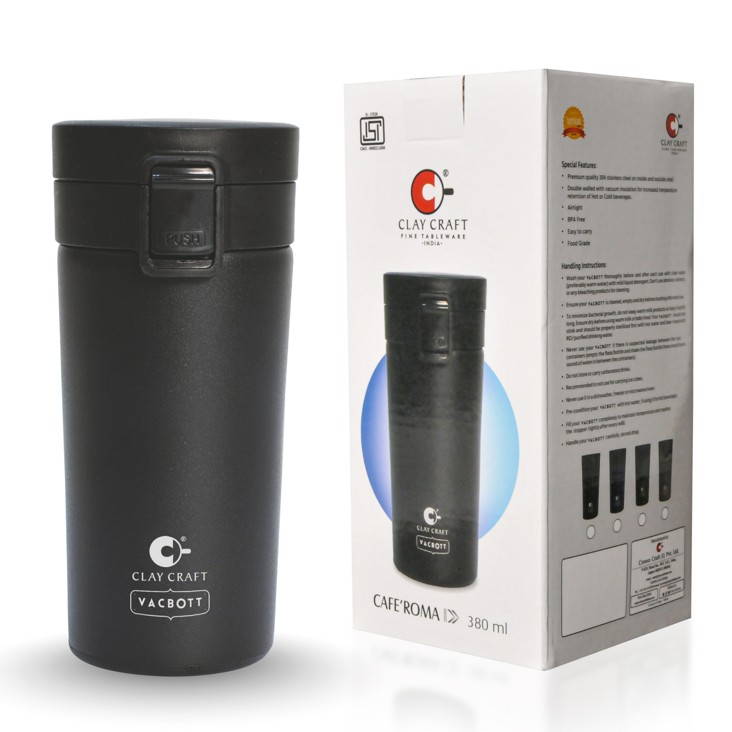Vacbott Caferoma Vacuum Insulated Double Walled Coffee Tumbler 18 Hrs Hot & 24 Hrs Cold Stainless Steel Flask, BIS Certified, 380ml