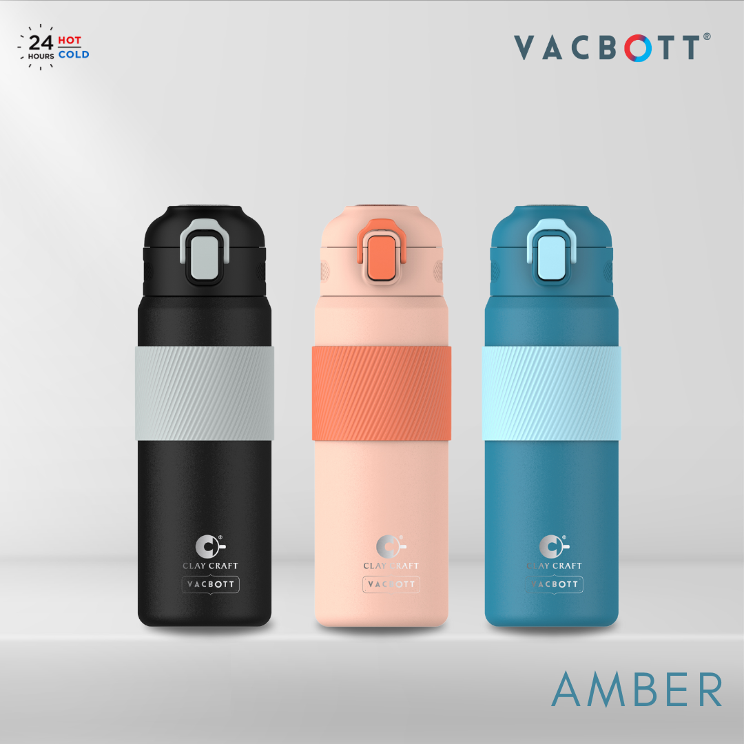 Vacbott Vaccum Bottle, Amber Double Walled 24 Hours Hot and Cold Water Bottle, 700ml, Black