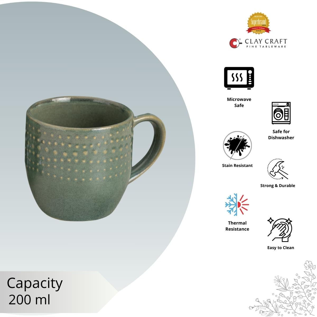 Clay Craft Apex Reactive Green Pebble Coffee & Tea Mugs Set of 6, 200 ml