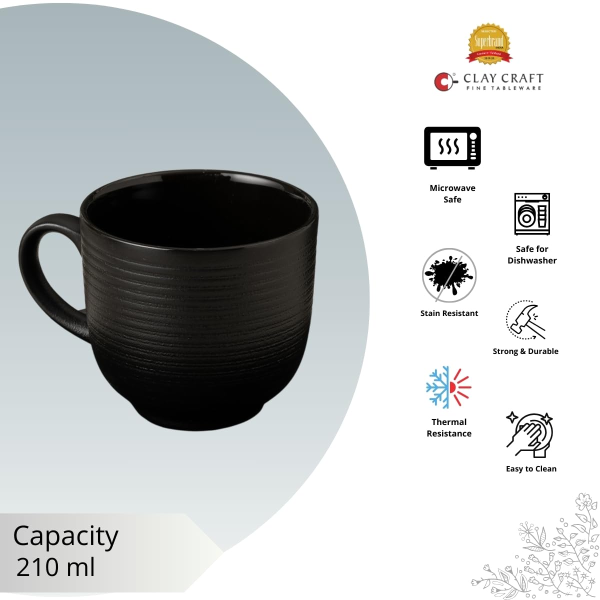 Horizon Pebble Black Coffee & Tea Mugs Set of 6, 210 ml