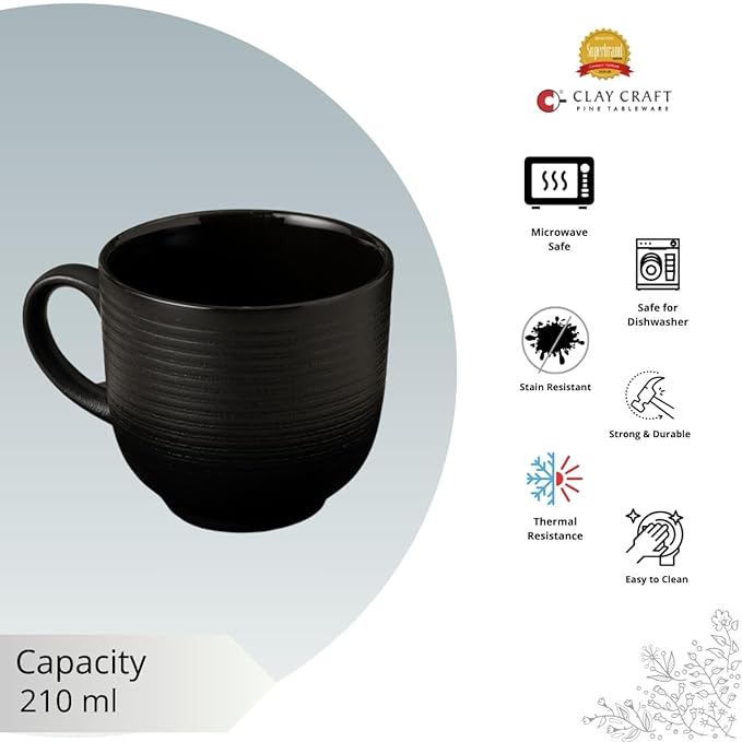 Horizon Pebble Black Cup & Saucer, Set of 12 (6 Cups + 6 Saucers), 220 ml