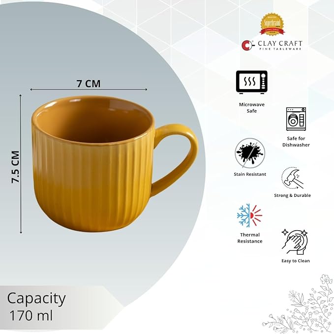 Linea Pebble Mustard Cup & Saucer, Set of 12 (6 Cups + 6 Saucers), 170 ml