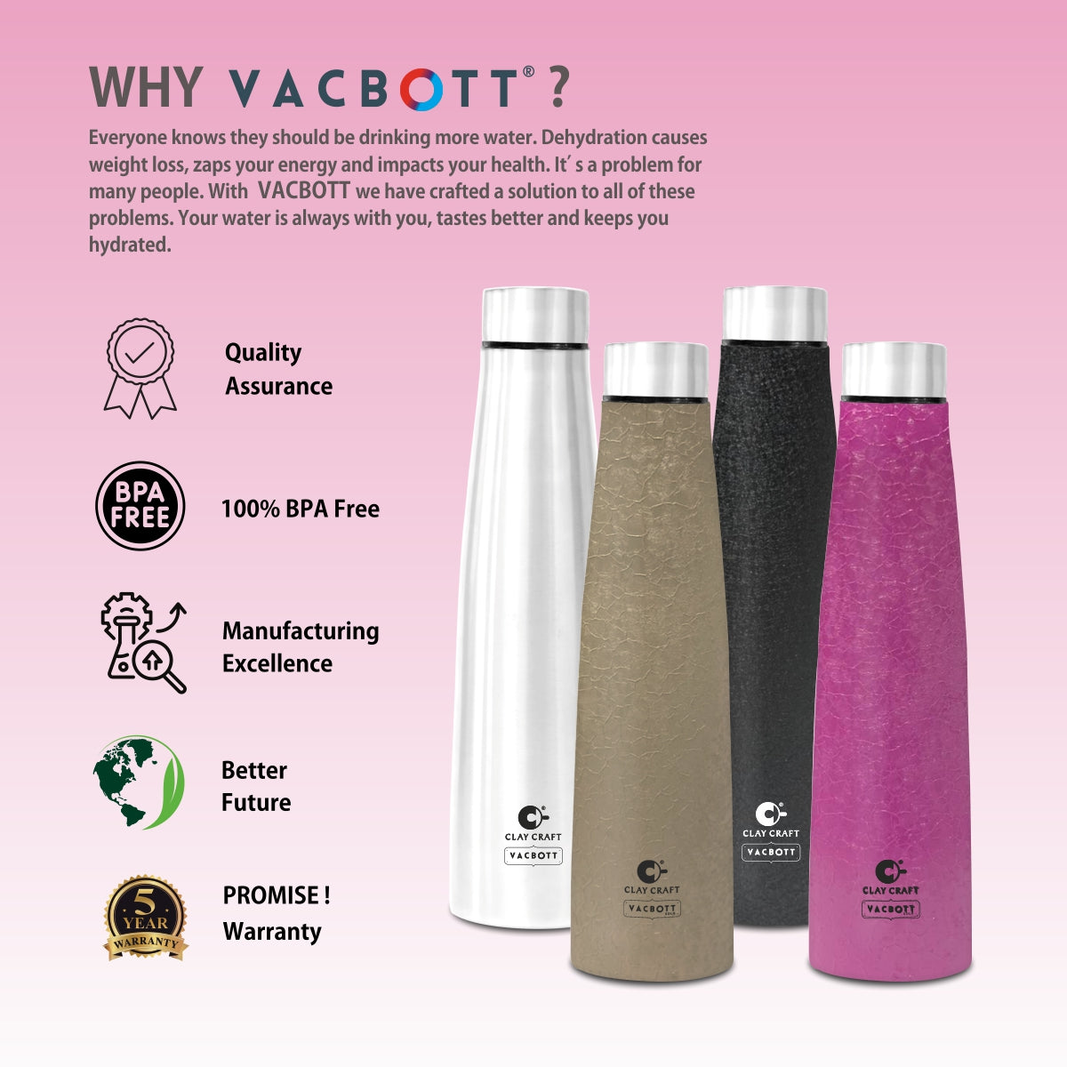 Vacbott Chariott SS Lid Single Walled Non Insulated Water Bottle, 900ml