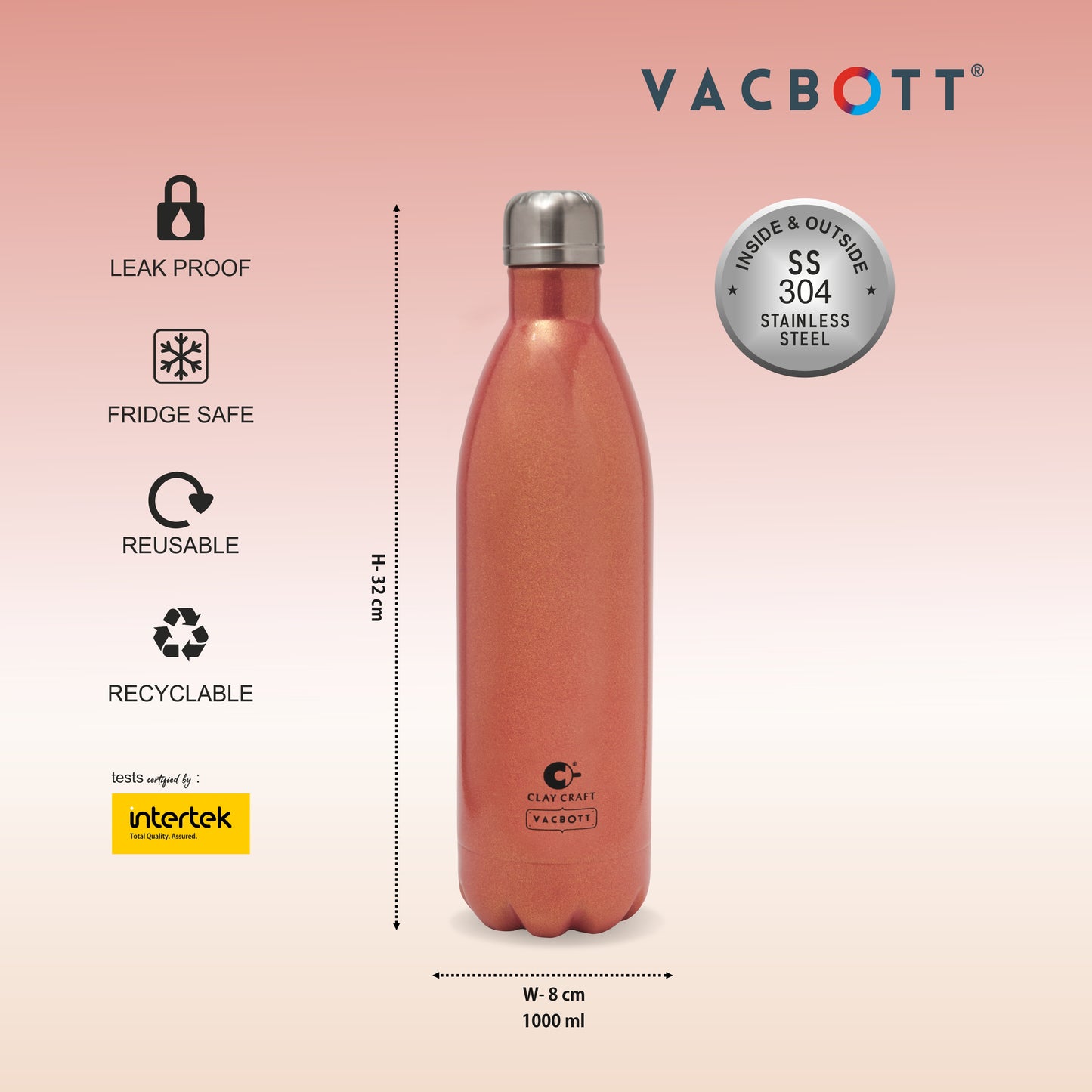 Vacbott Vaccum Bottle, Stark Sparkle Double Walled 24 Hours Hot and Cold Water Bottle