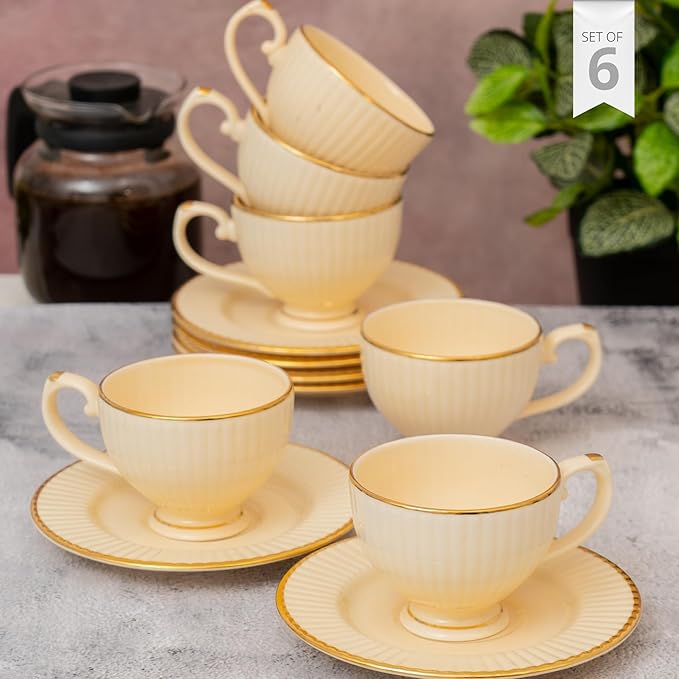 Julie Impression 1401 Elegant Cup & Saucer, Set of 12 (6 Cups + 6 Saucers) (IVORY)