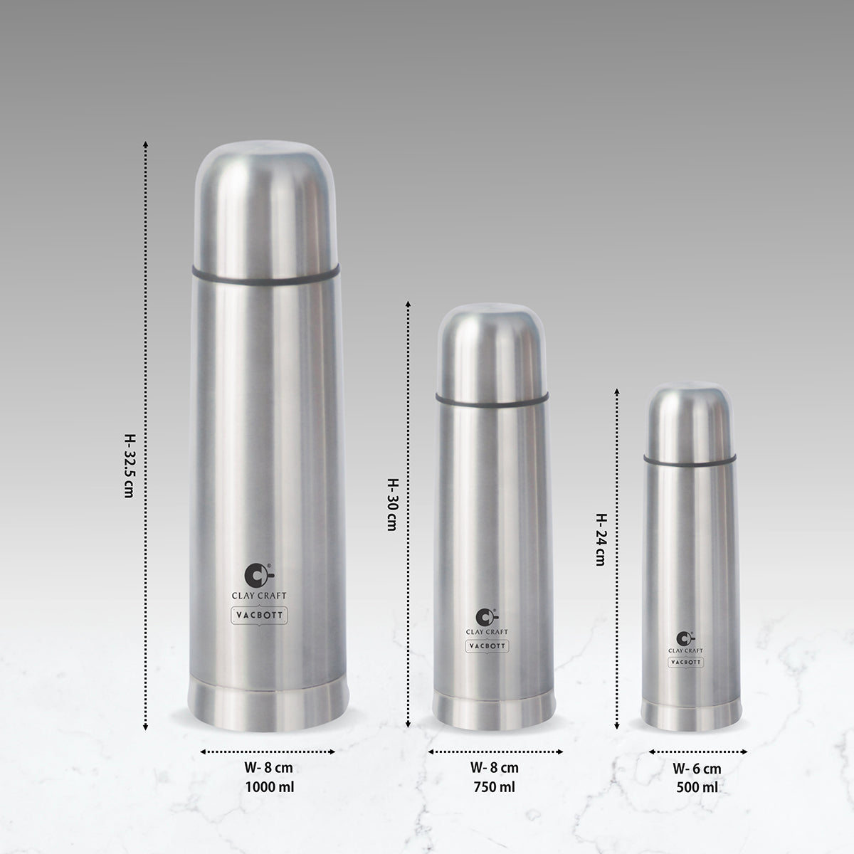 Vacbott Vaccum Bottle, Terra Double Walled 24 Hours Hot and Cold Water Bottle with Bag, Silver, BIS Certified