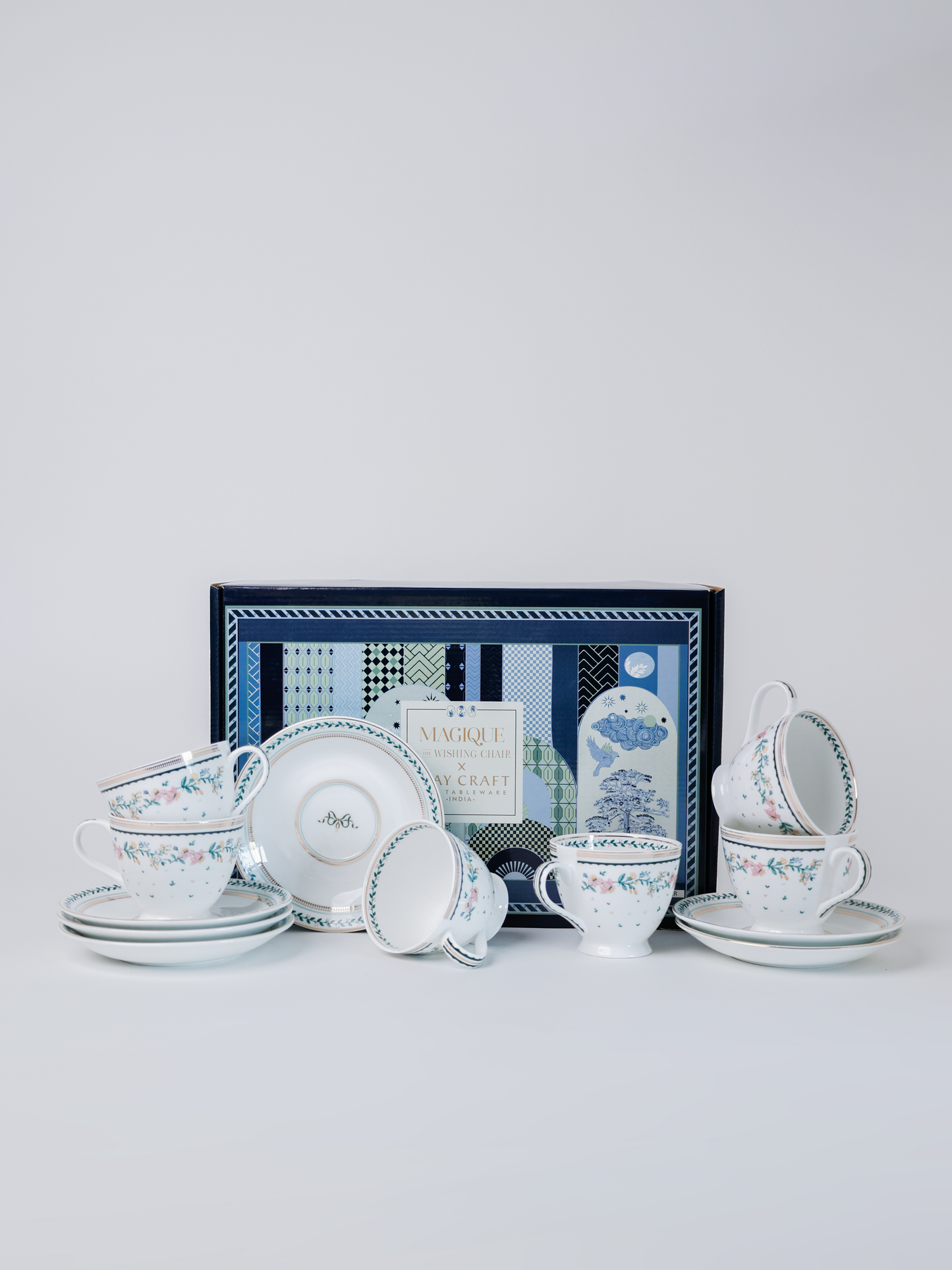 Magique by The Wishing Chair x Clay Craft, Emerald Ribbon King Cup & Saucer, Set of 12, 180ml- 6 Cups + 6 Saucers (T03)
