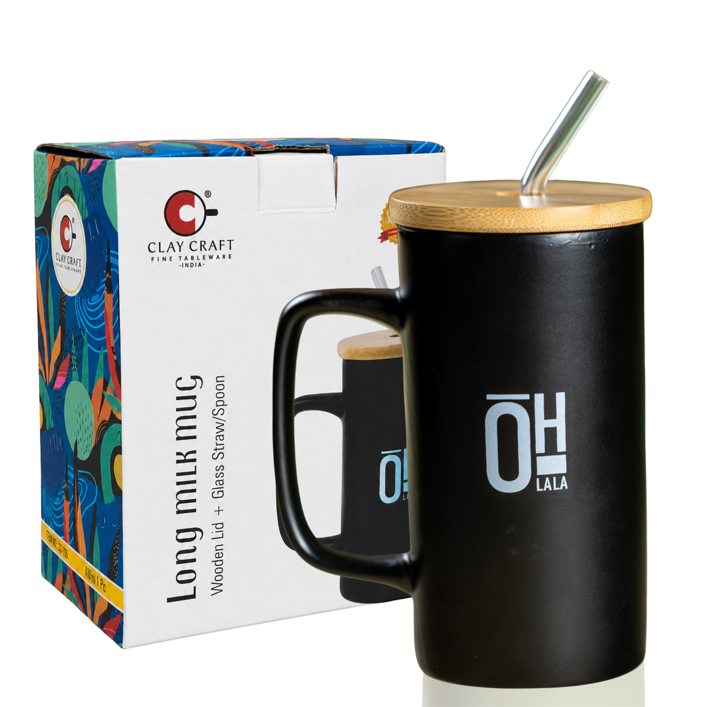 Clay Craft Premium Ceramic Coffee Mug with Bamboo Lid & Straw