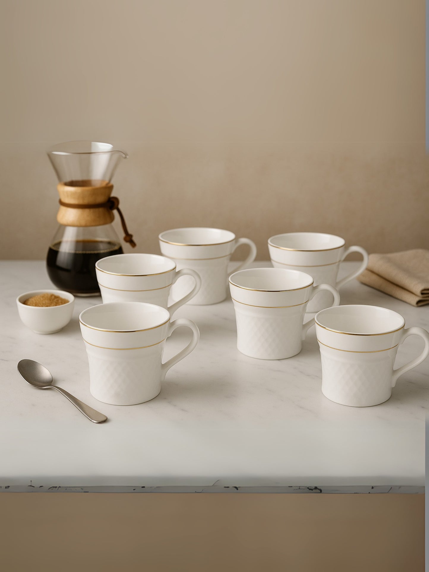 Clay Craft Fine Ceramic Ginger, Embossed Gold Rim Cup Set, White, 180 ml, Set of 6
