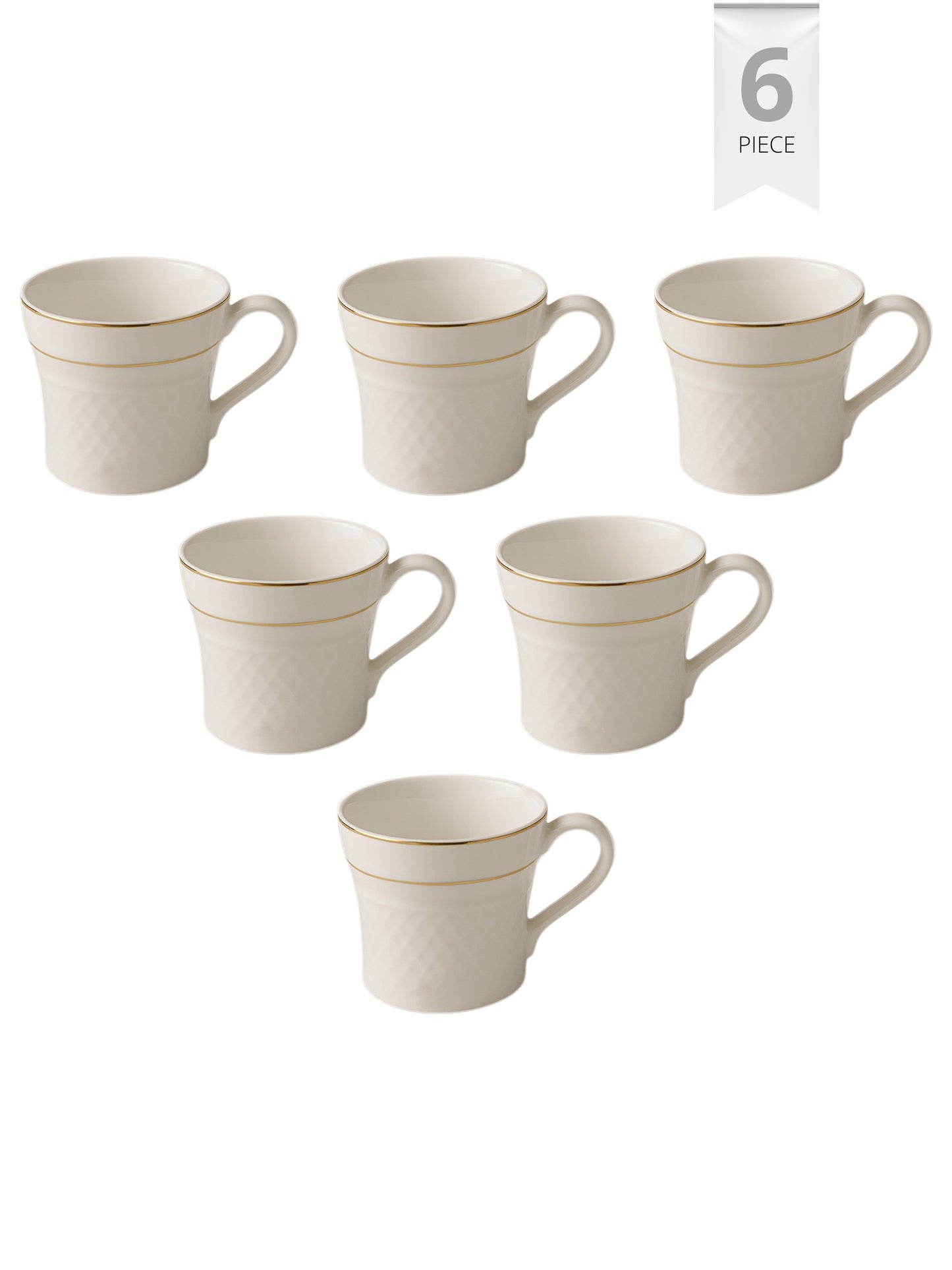 Clay Craft Fine Ceramic Ginger, Embossed Gold Rim Cup Set, White, 180 ml, Set of 6