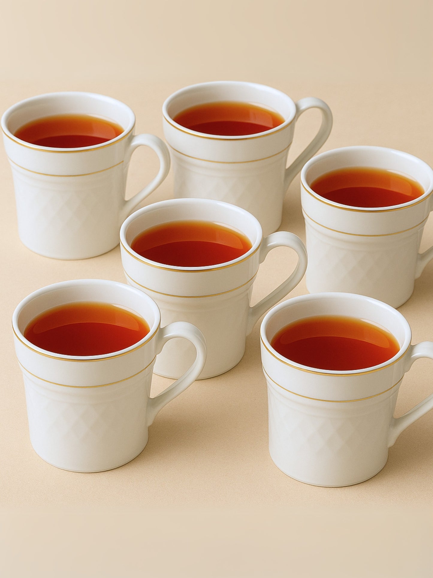 Clay Craft Fine Ceramic Ginger, Embossed Gold Rim Cup Set, White, 180 ml, Set of 6