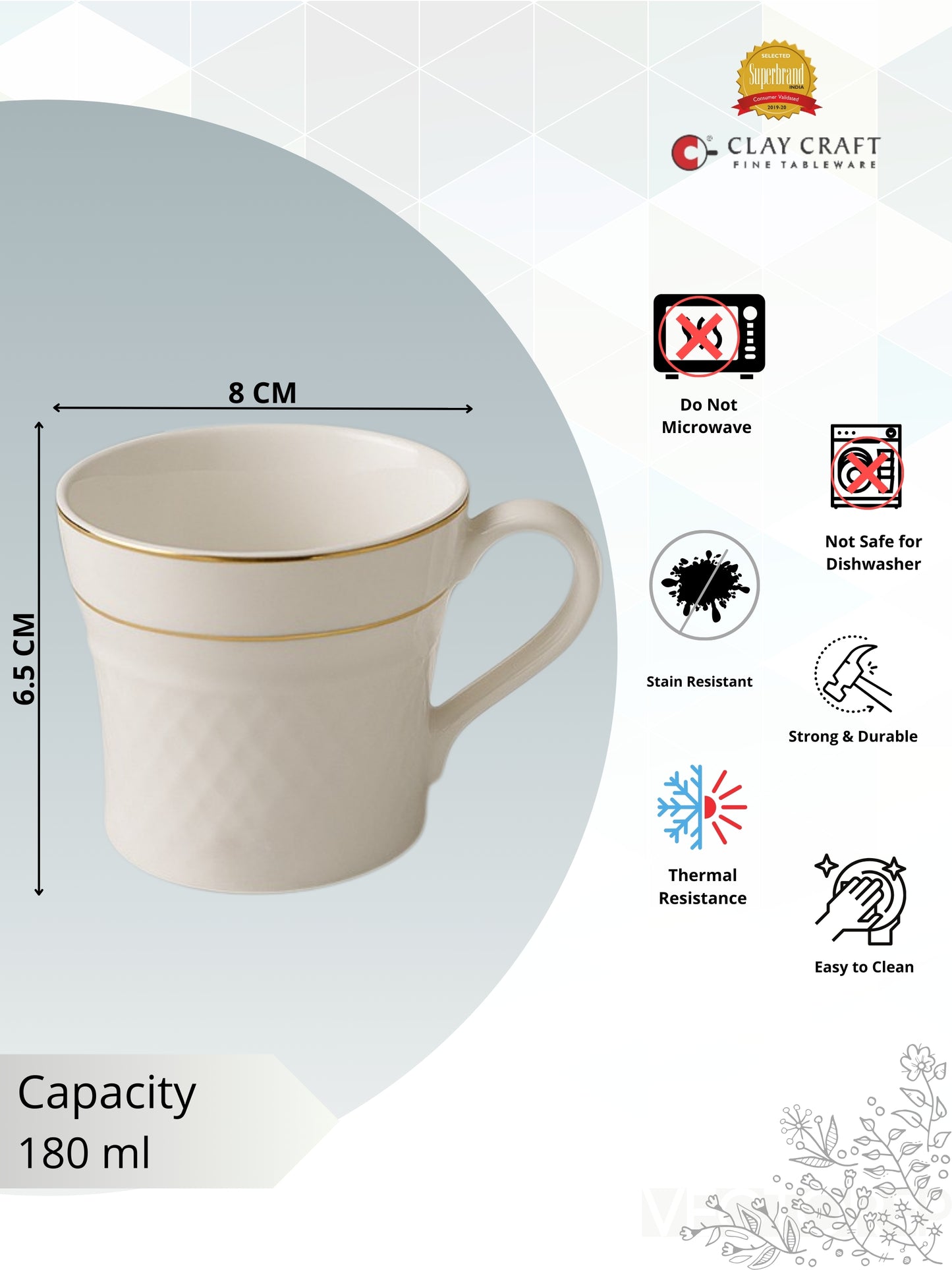 Clay Craft Fine Ceramic Ginger, Embossed Gold Rim Cup Set, White, 180 ml, Set of 6