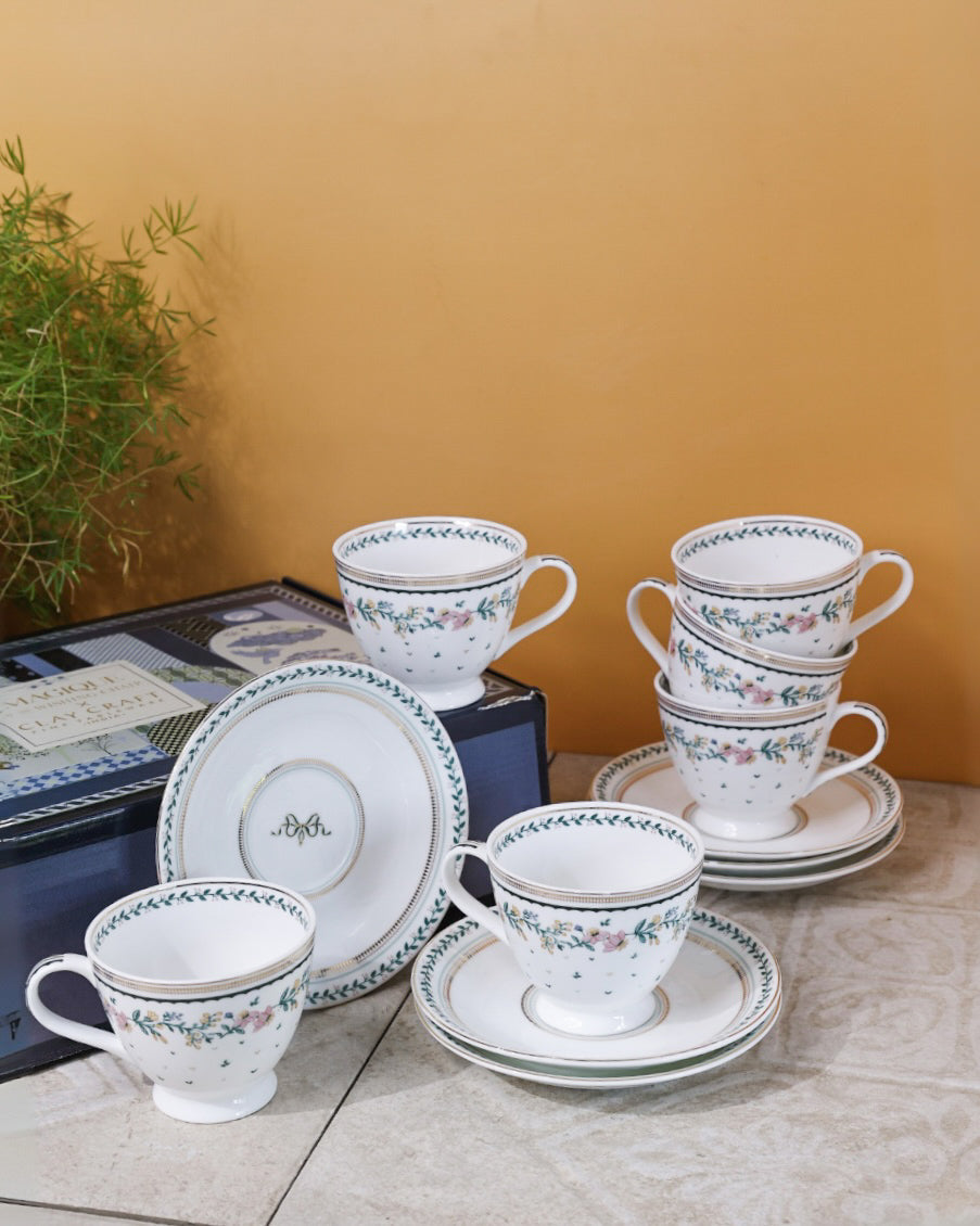Magique by The Wishing Chair x Clay Craft, Emerald Ribbon King Cup & Saucer, Set of 12, 180ml- 6 Cups + 6 Saucers (T03)