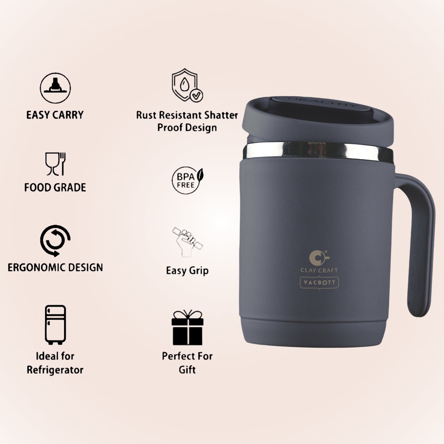 Vacbott Dyona Mug 400ml – Double Walled | 24-Hour Hot & Cold | Leak-Proof Travel Mug