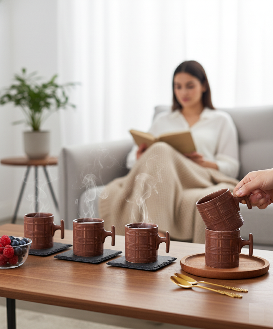 JCPL Grid Checkmate Coffee & Tea Mugs Set of 6, Plum