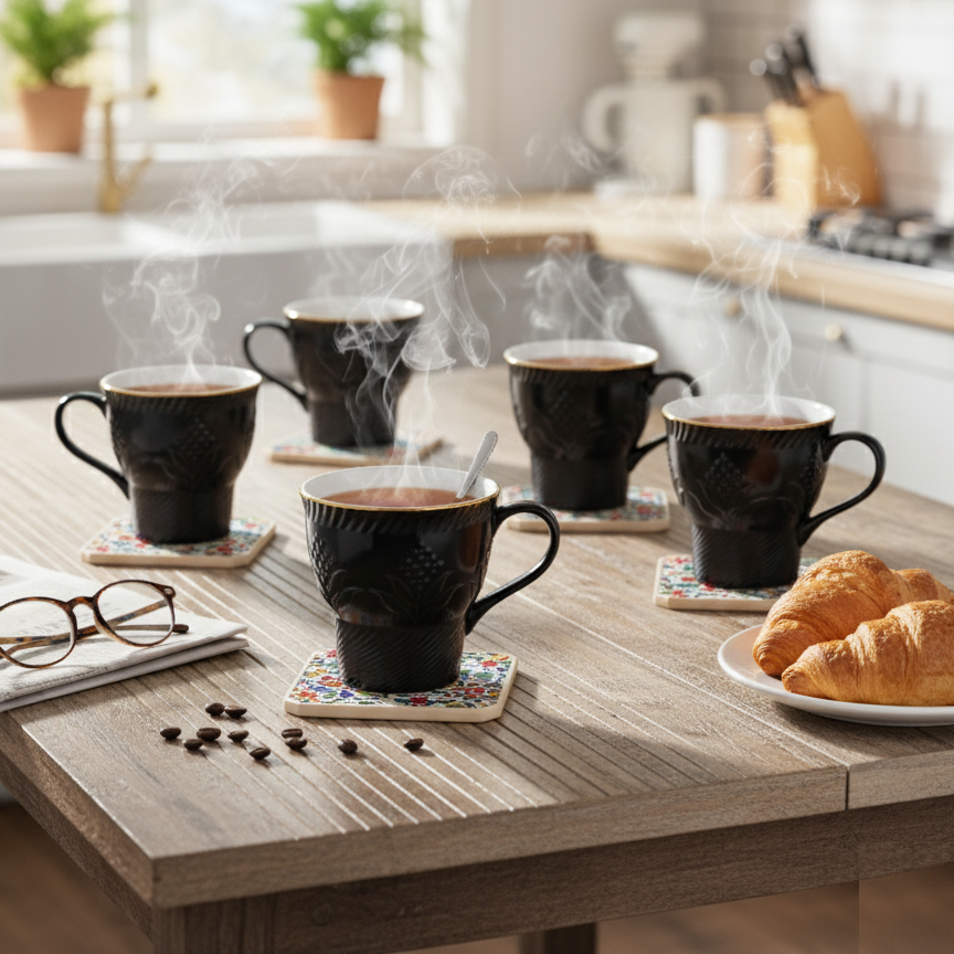 Clay Craft Aster Impression 1300 Coffee & Tea Mugs Set of 6 (BLACK)