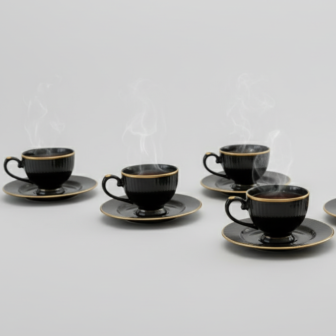 Clay Craft Julie Impression Cup & Saucer, Set of 12 (6 Cups + 6 Saucers), 170 ml, (Black)