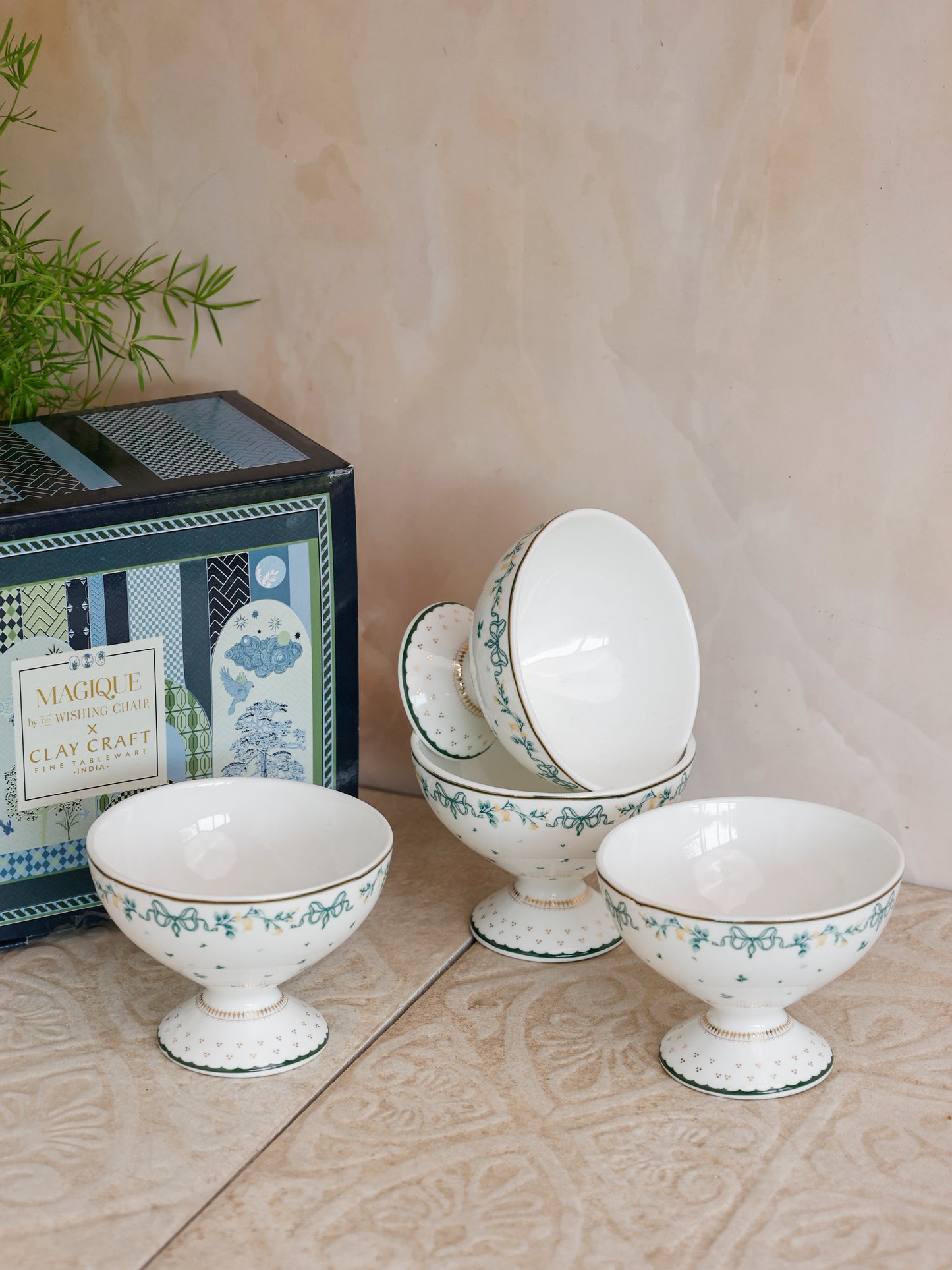 Magique by The Wishing Chair x Clay Craft, Emerald Ribbon Ice Cream Bowls Set of 4, 160 ml (T03)