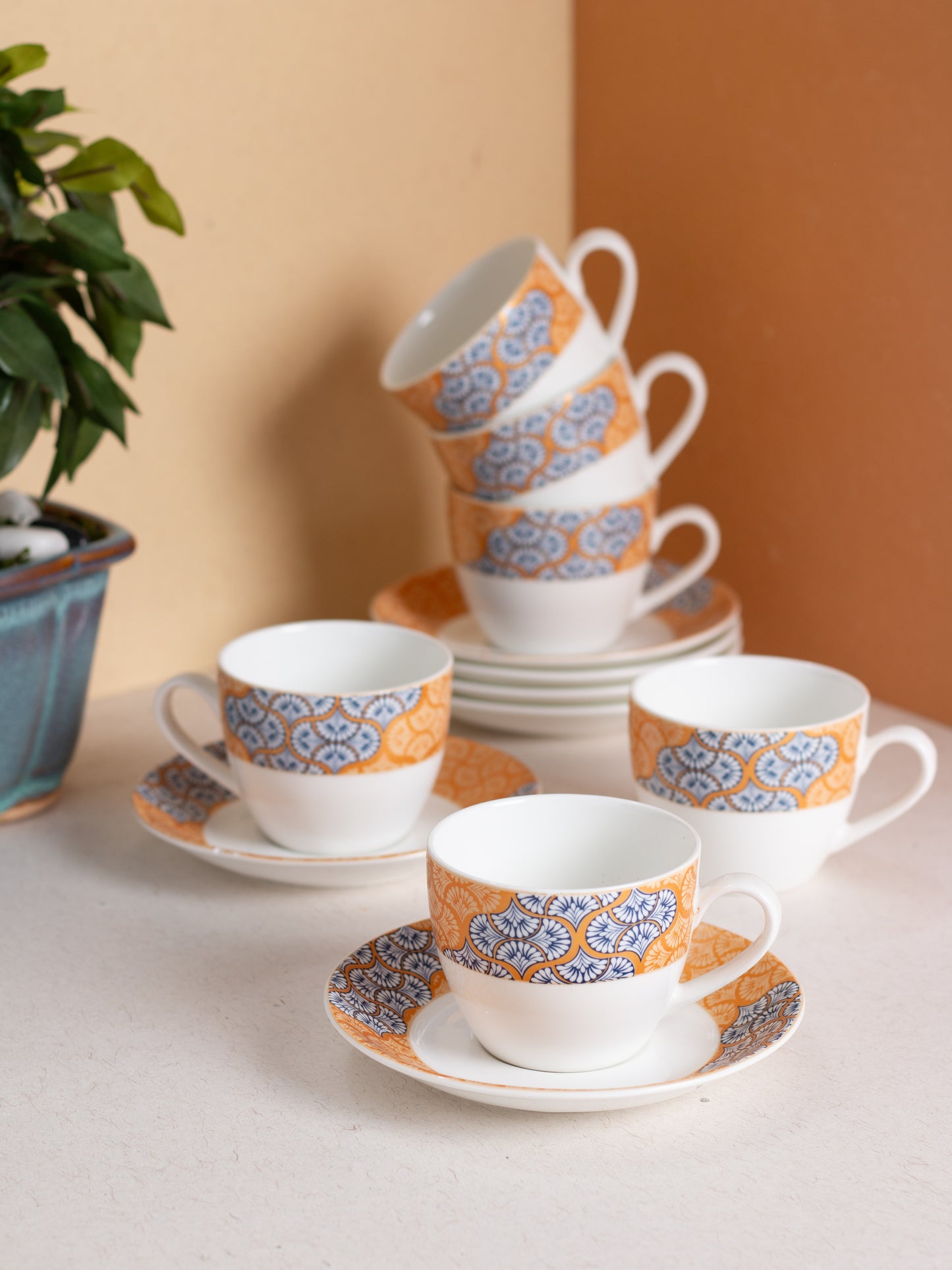 JCPL Cream Super Cup & Saucer, 170ml, Set of 12 (6 Cups + 6 Saucers) (S381)